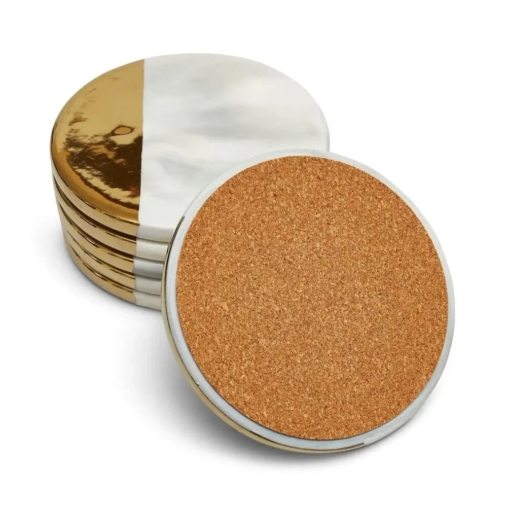 Unbranded Marble and Gold Coasters Set of 6 White Round Glam Home Decor
